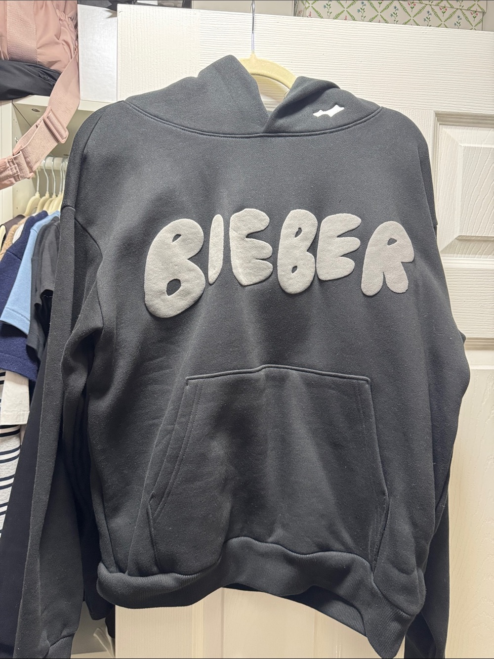 SKYLRK Bieber Black Pullover Hoodie with Raised Lettering